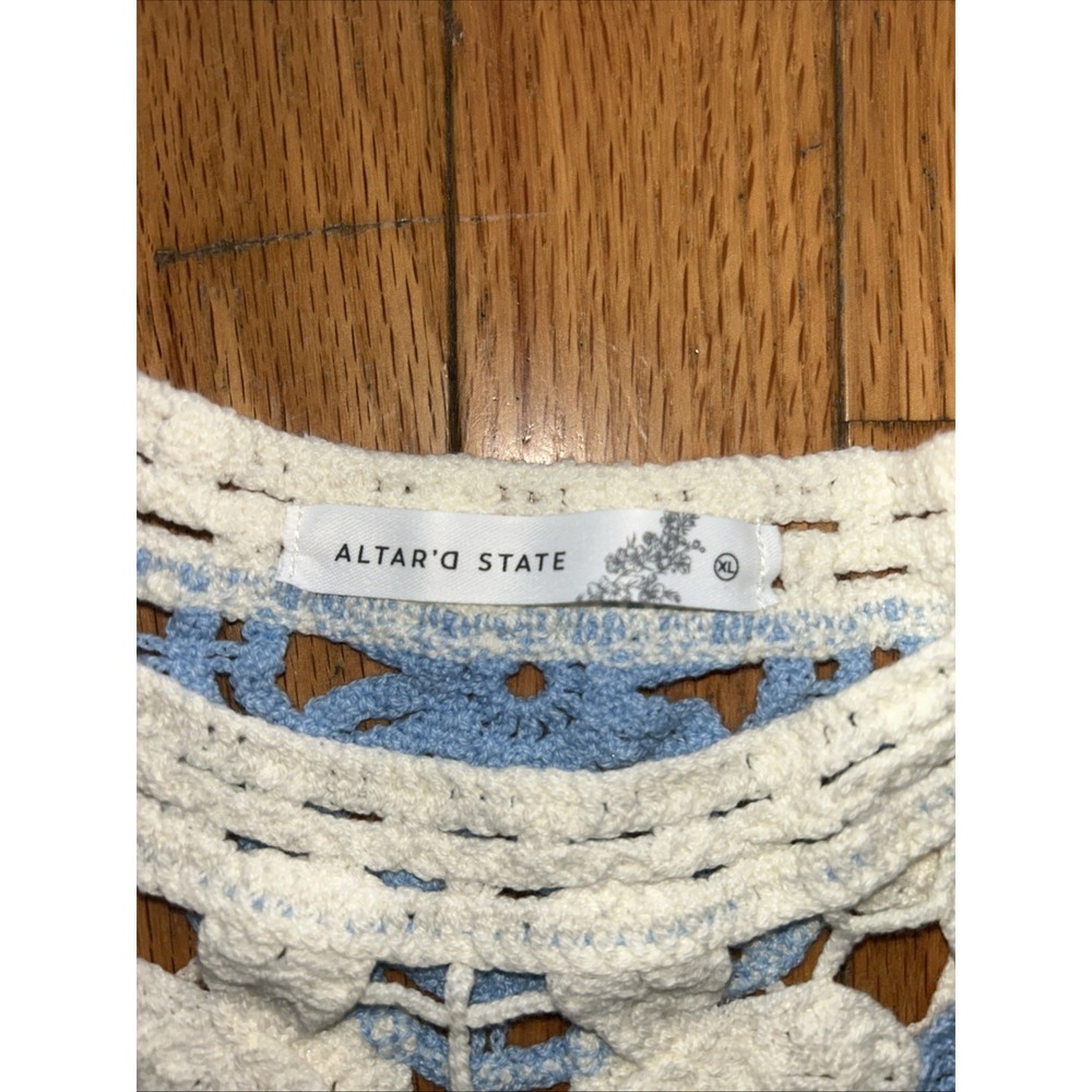 Altar'd State Crochet Cropped Sweater Tank Taupe Blue Rosette Granny Squares L - Picture 2 of 3